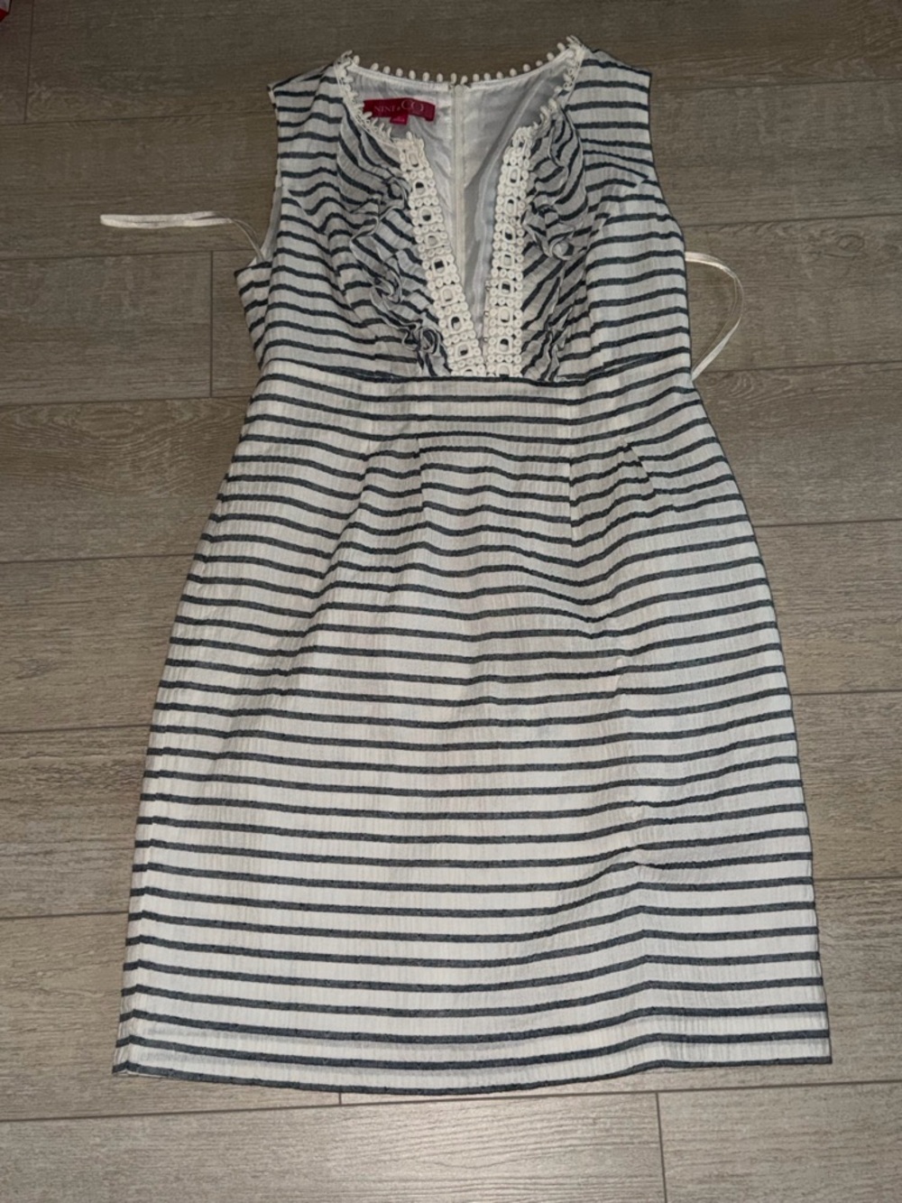 Striped Lace-Trim Sleeveless Dress in White and Navy - Women